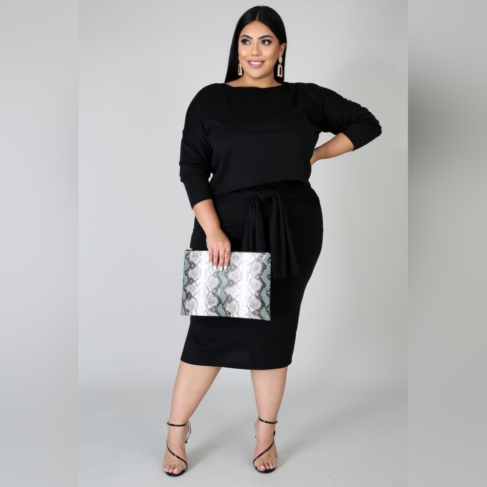 Plus Size Black 2-Piece Skirt Set | Tie Waist Midi | Stretch | 2X 3X |Date Night